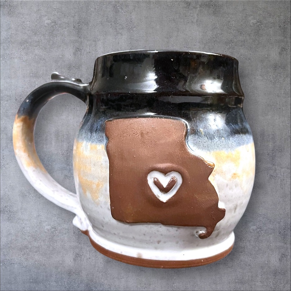 J Rae Studio Pottery Missouri State Coffee Mug Cup Drip Glazed Stoneware 12oz